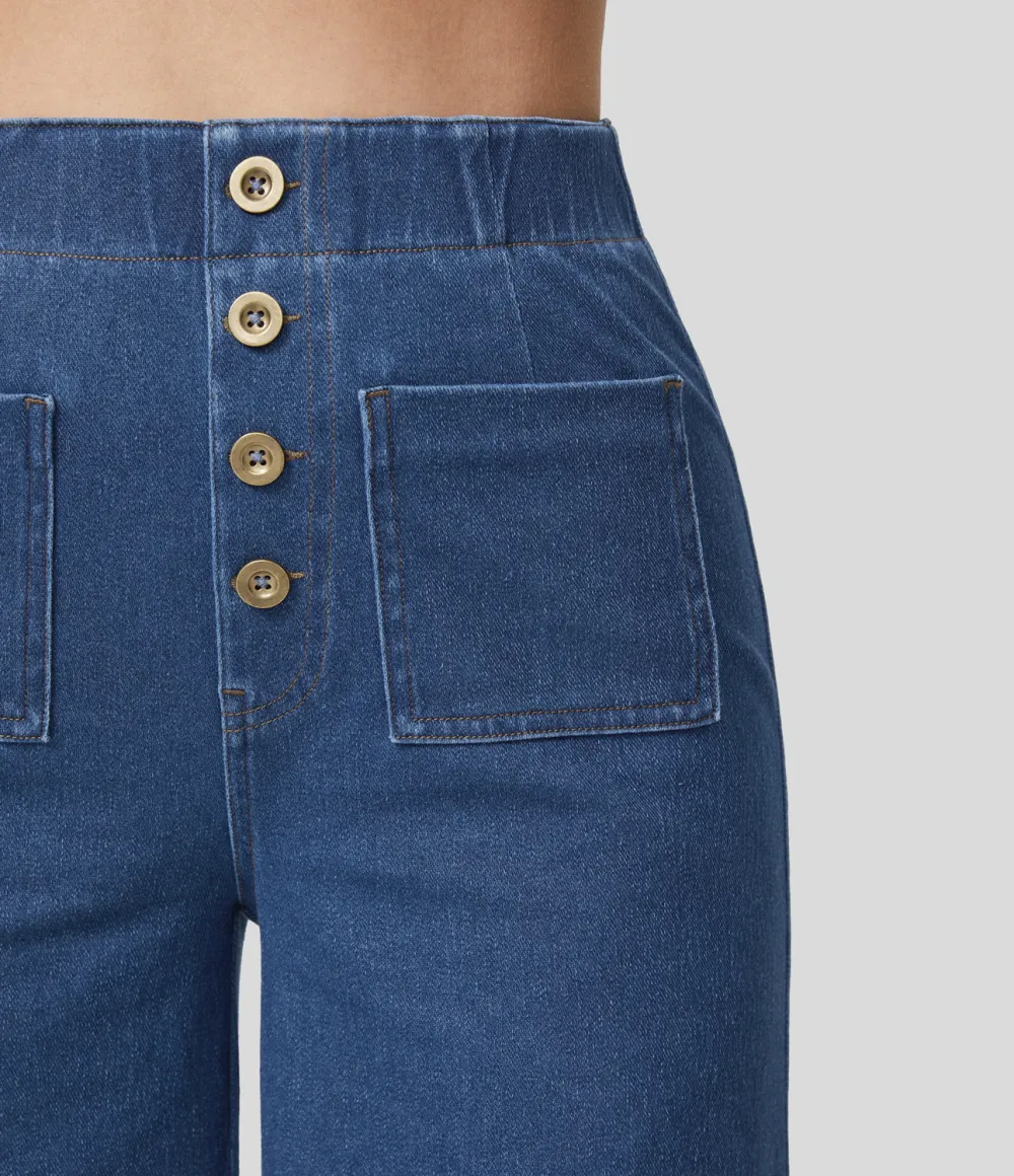 Magic High Waisted Button Multiple Pockets Washed Stretchy Knit Casual Wide Leg Full Length Jeans
