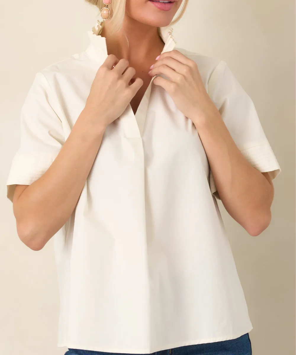 Refined Short-Sleeve Ruffle-Collar Cotton Denim Blouse