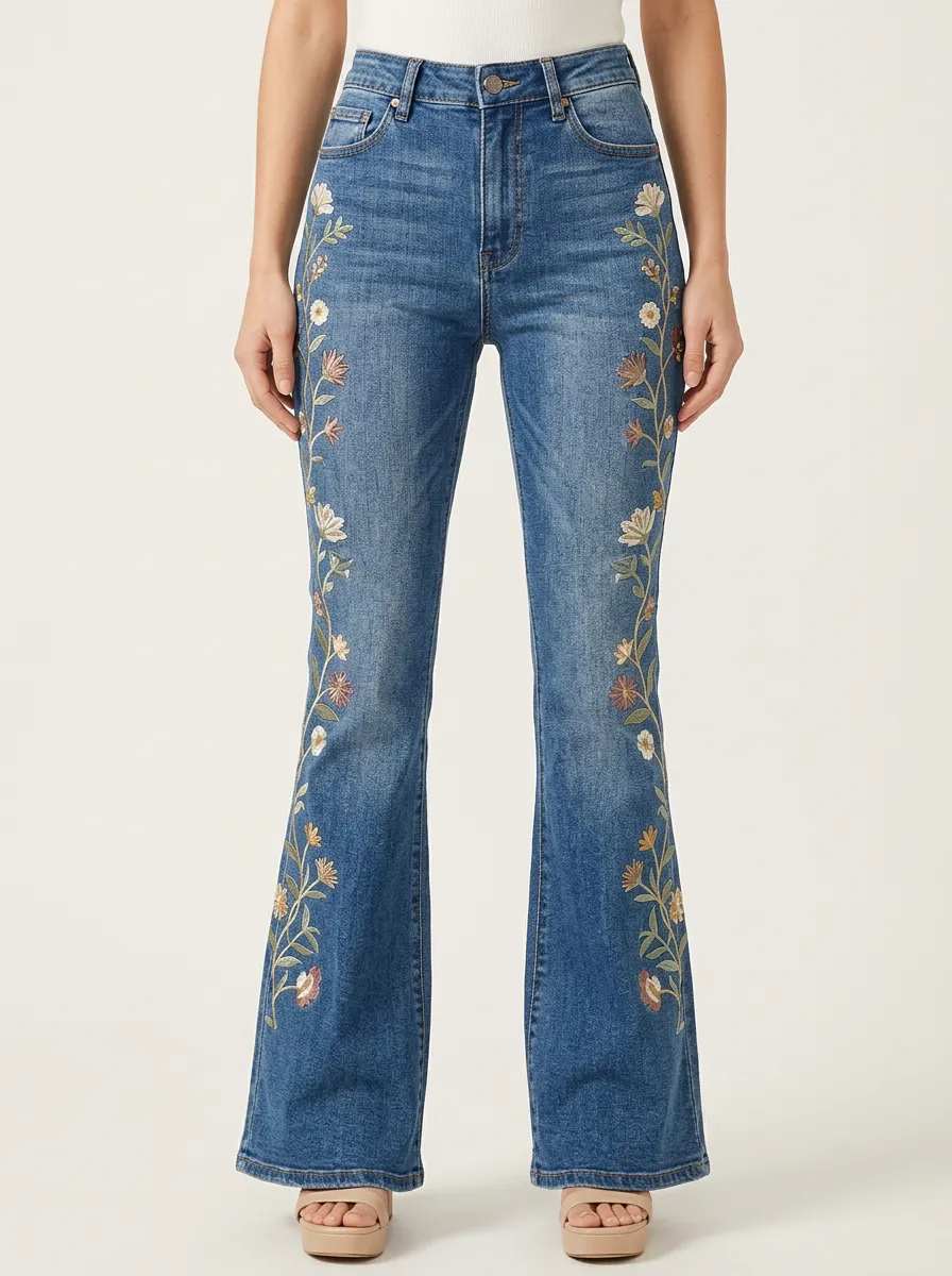 Women's Western-Inspired Medium Wash Floral Embroidery High-Rise Flare Jeans