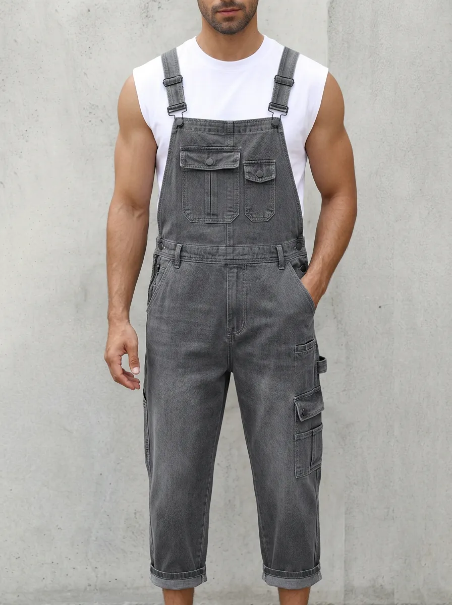 Men's Casual Streetwear Washed Grey Denim Cargo Overalls