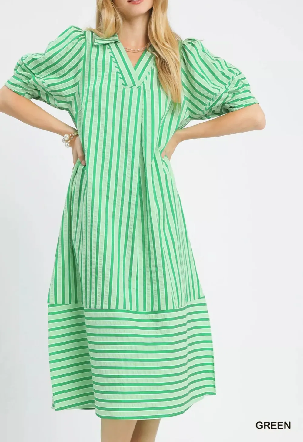 Striped Puff Sleeve Pocketed Midi Dress