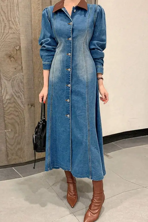Patchwork Gradient Denim Single-Breasted Midi Dress