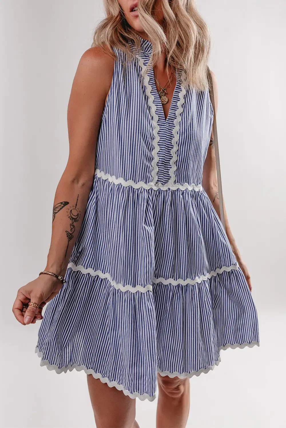 Stripe Sleeveless Notched V Neck Contrast Ric Rac Mini Dress