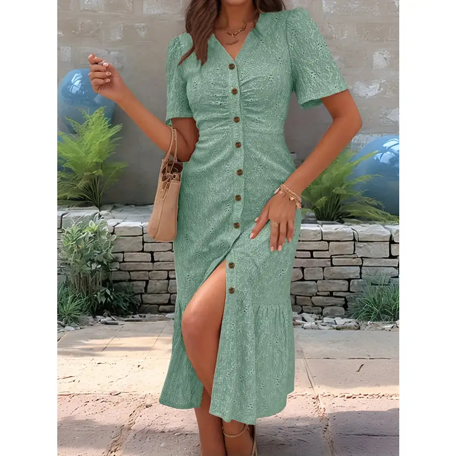 Eyelet Button Front V-Neck Midi Dress