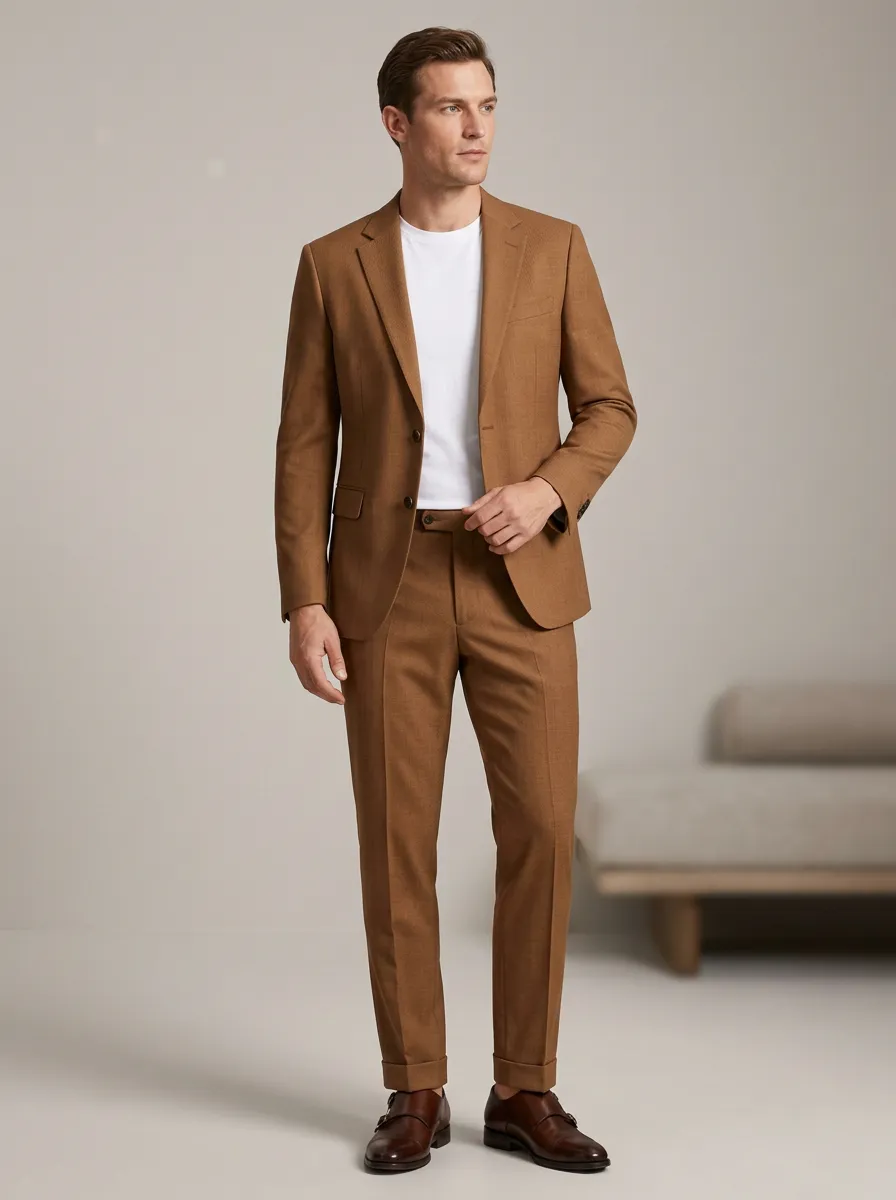 Men's Casual Business Tan Solid Color Slim Fit Suit Set