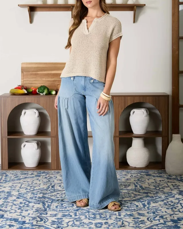 Split Neck Raw Edge Sheer Knit Top