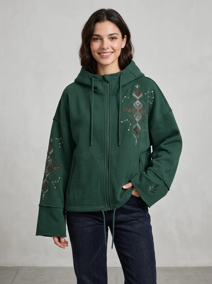 Women's Easy Layer Boho Geometric Embroidered Zip Front Hoodie