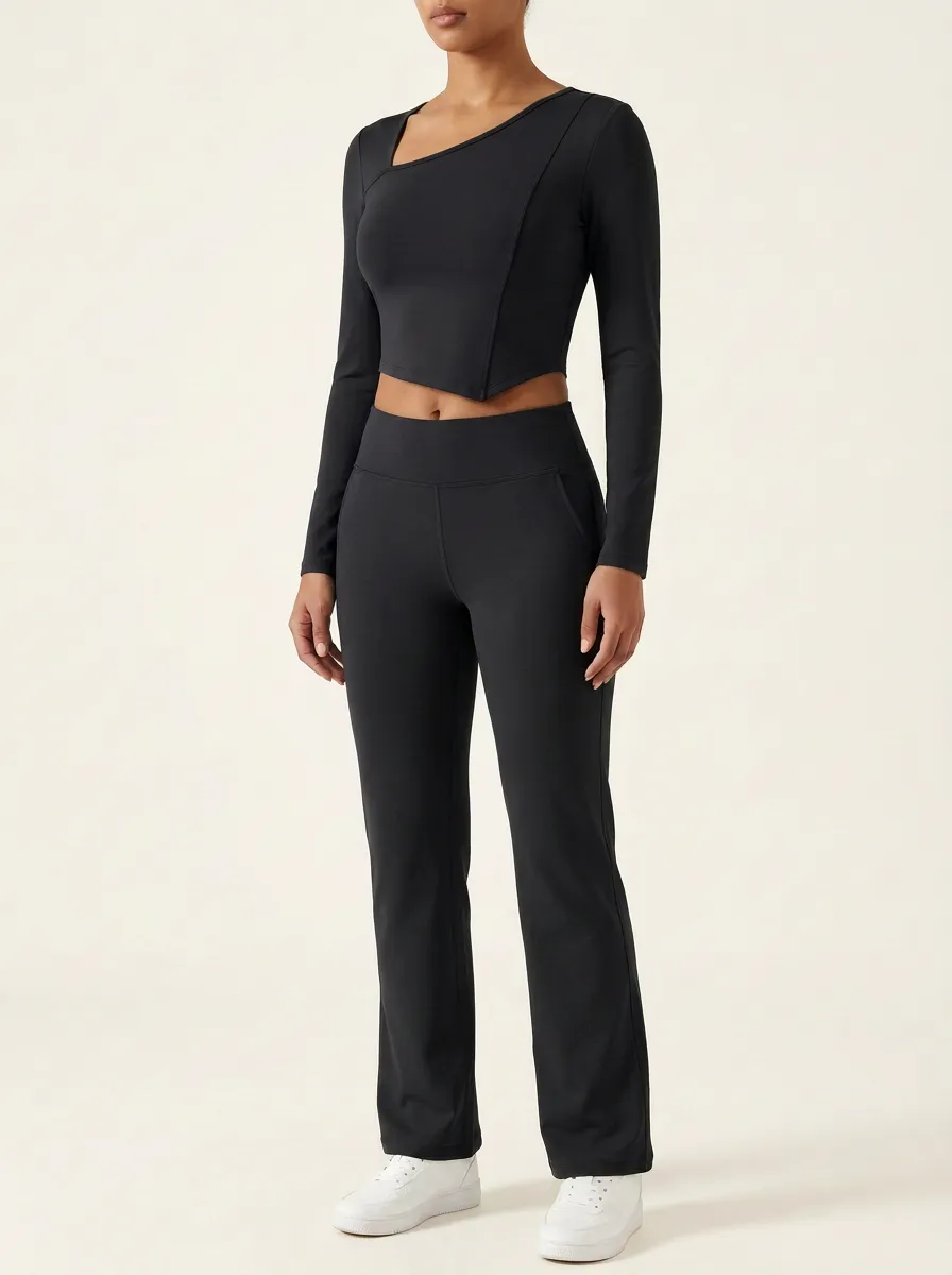 Women's Asymmetric Cutout Crop Top and Flare Pant Set