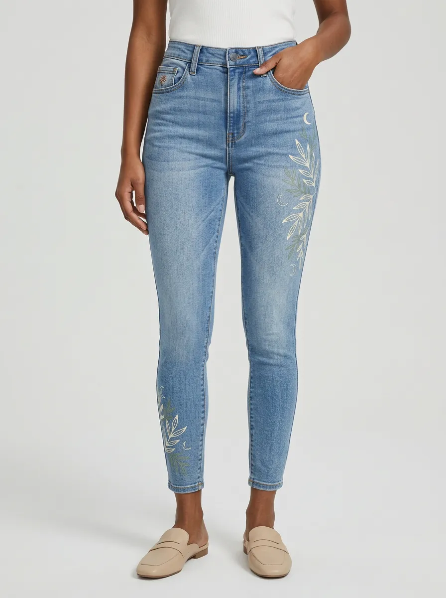 Women's Celestial Botanical Moon Leaf Printed Slim Jeans