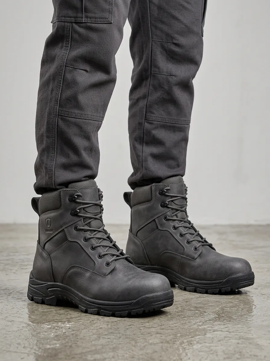 Unisex Tactical Waterproof Grey Leather Printed Work Boots