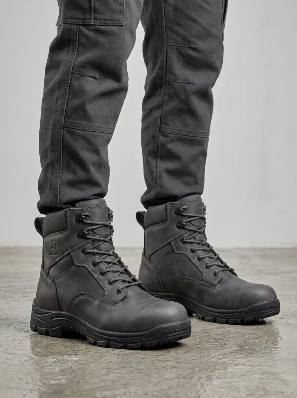 Unisex Tactical Waterproof Grey Leather Printed Work Boots