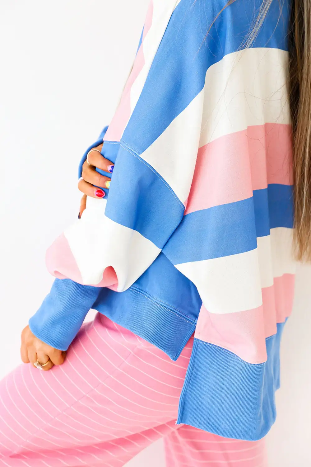 Striped Split Hem Oversized Long Sleeve Top