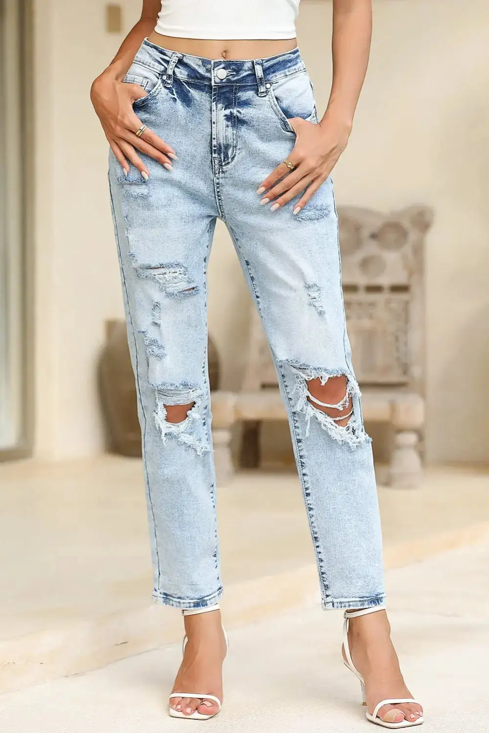 High Waist Distressed Frayed Hem Casual Jeans