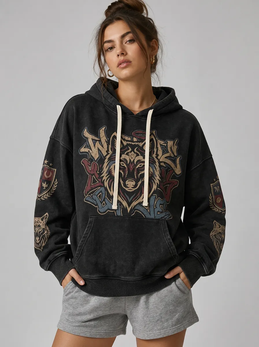 Women's Wolf Graffiti Vintage Crest Printed Hoodie