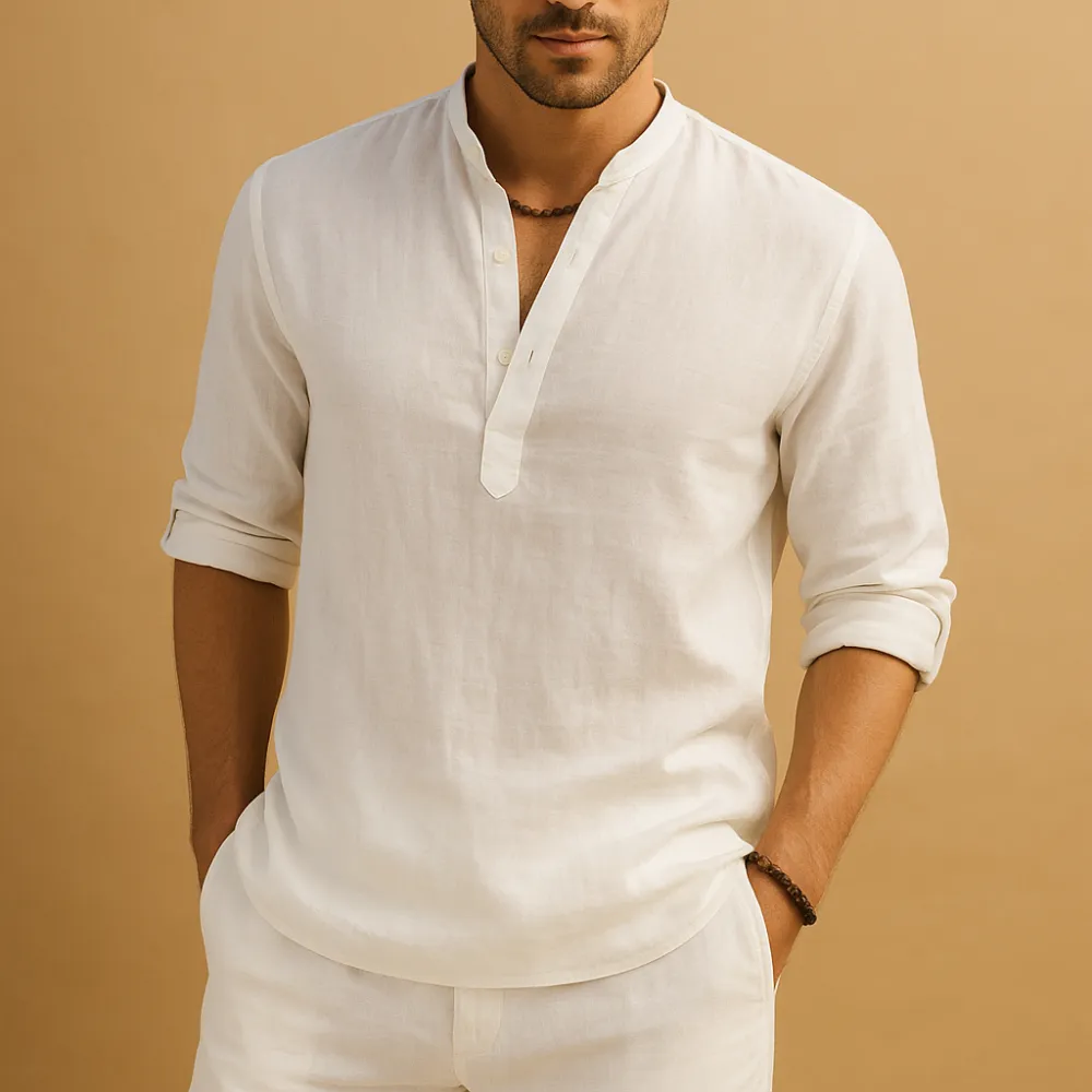 Linen Mandarin Collar Long Sleeve Shirt