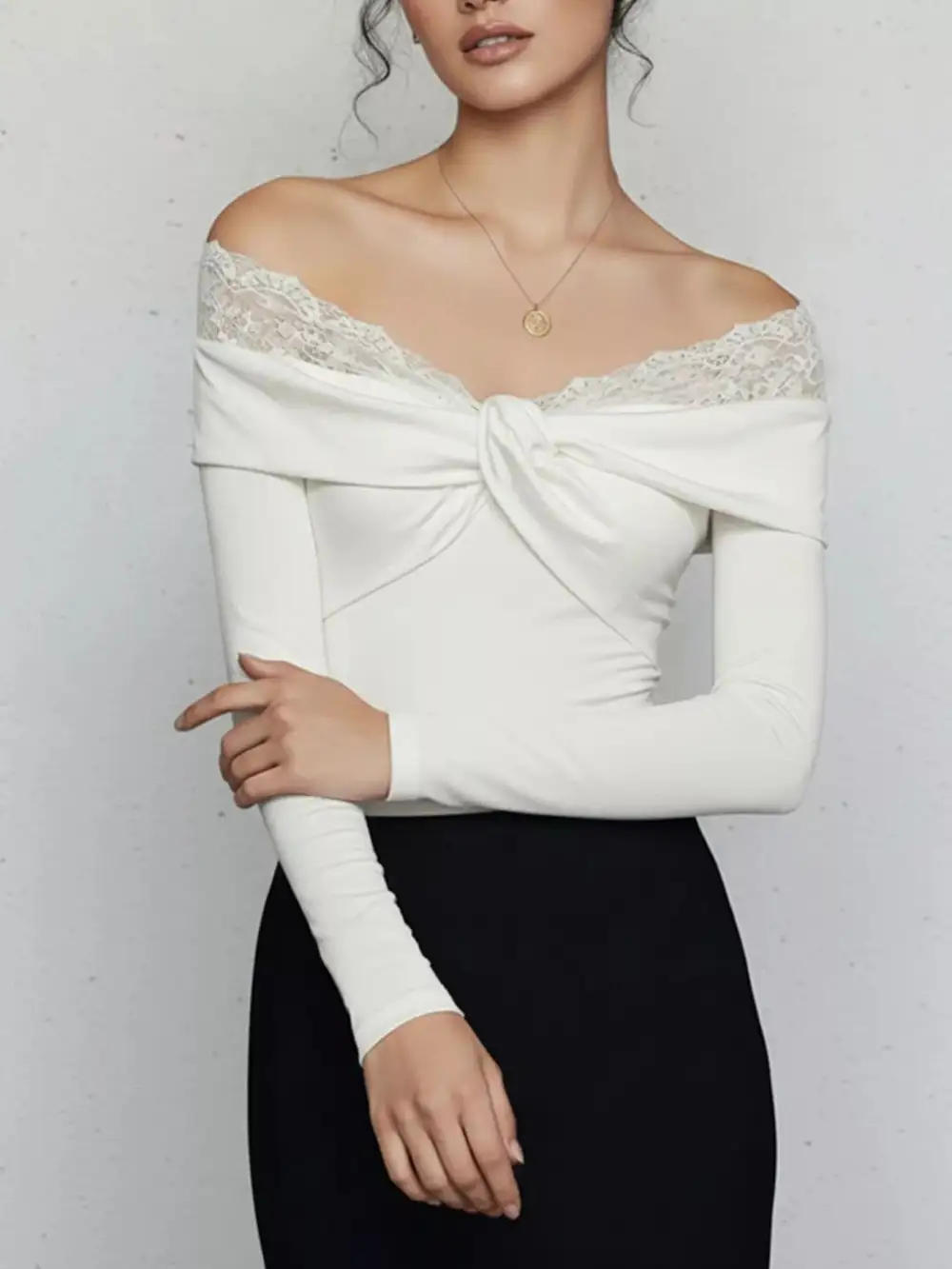 Polyester-Blend Lace Off-Shoulder Long-Sleeve Bodysuit