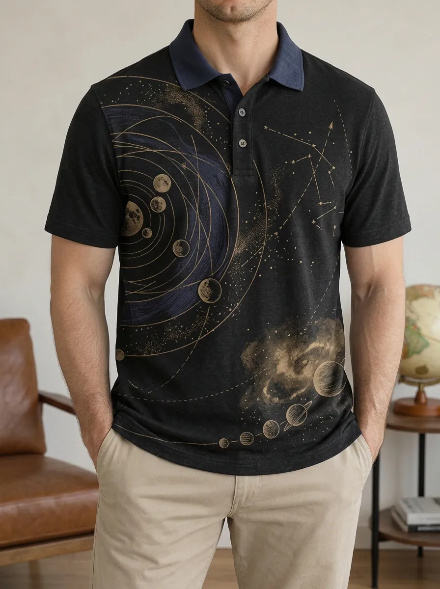 Men's Astronomy Lover Solar System Printed Polo Shirt Relaxed Daily Style