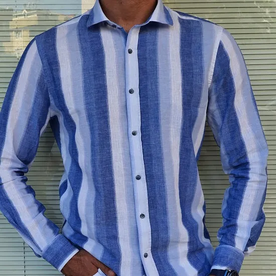Textured Long Sleeve Slim Fit Striped Cotton Casual Shirt