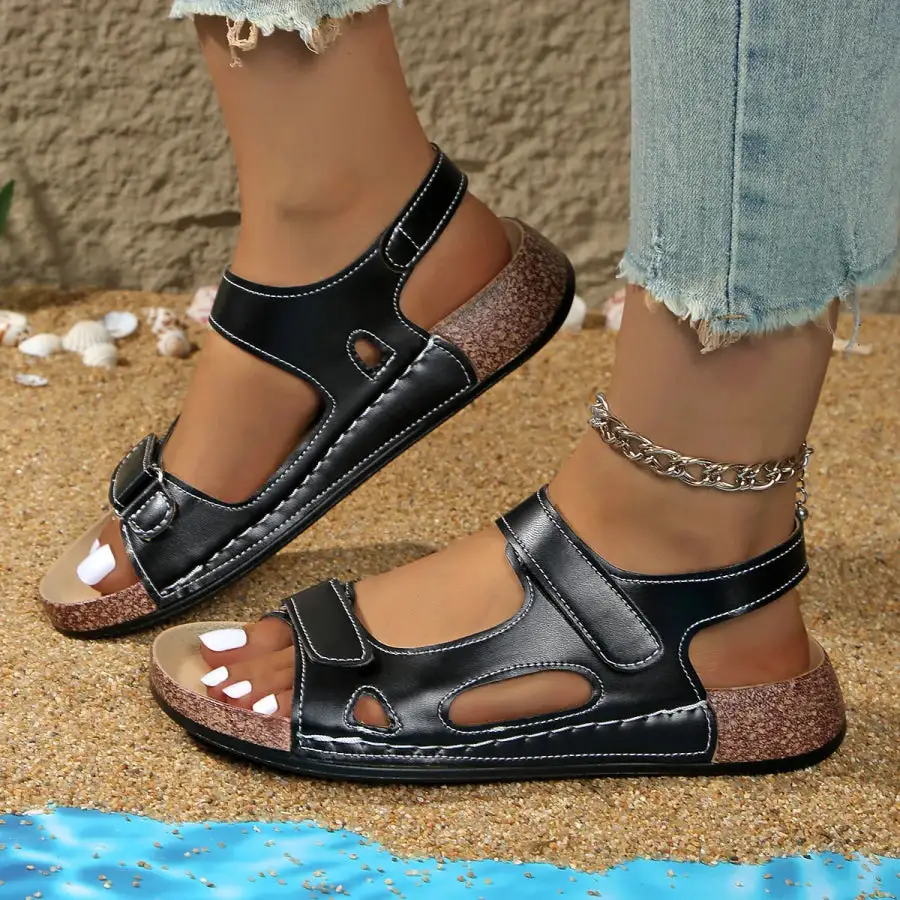 Buttoned Open Toe Wedge Sandals
