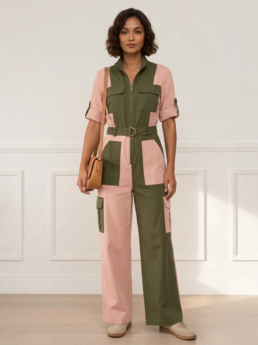 Women's Cove Utility Patchwork Colorblock Belted Jumpsuit