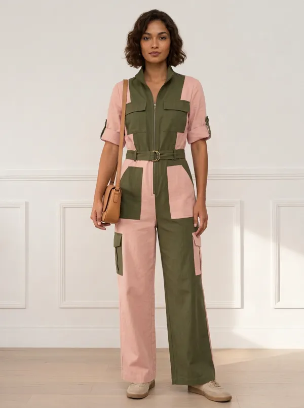Women's Cove Utility Patchwork Colorblock Belted Jumpsuit
