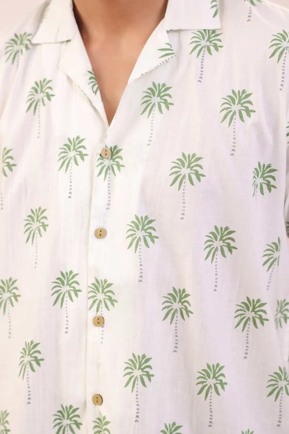 White Palm Leaf Mulmul Cotton Camp Collar Shirt