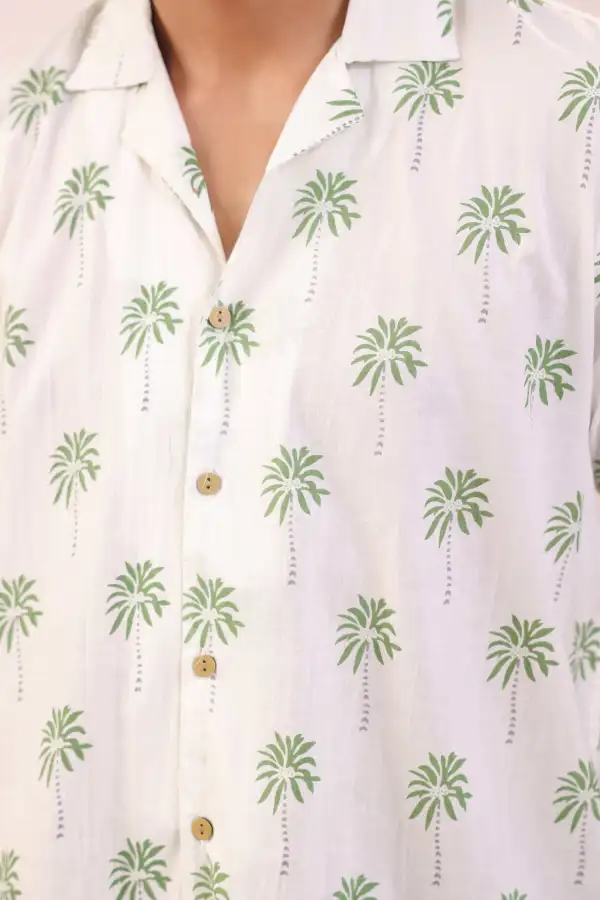 White Palm Leaf Mulmul Cotton Camp Collar Shirt