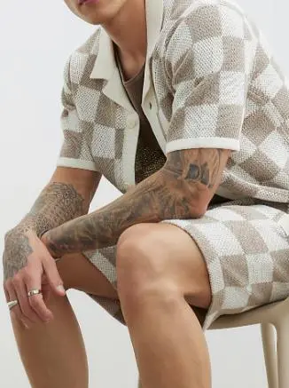 Brown And White Men's Knitted Plaid Shirt