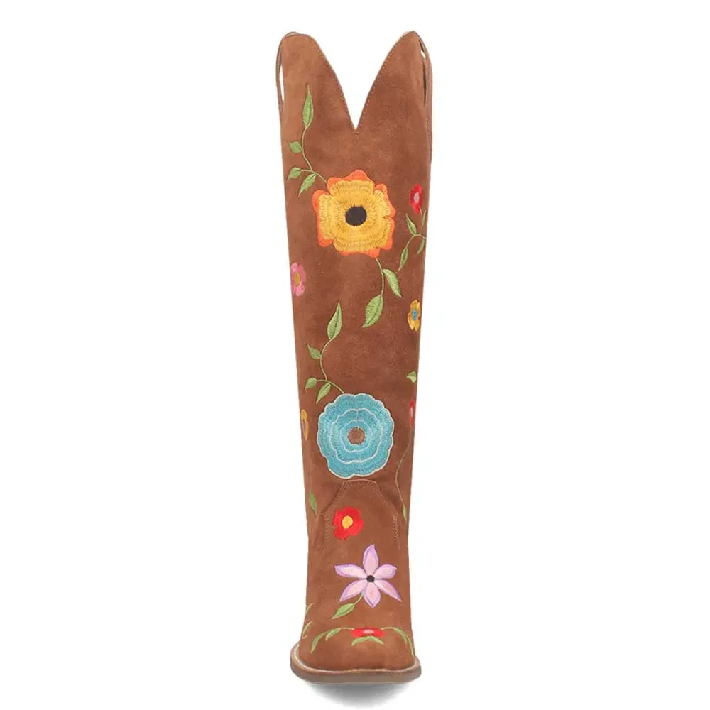 Faux-Suede Embroidered Floral Snip-Toe Over-the-Knee Boots