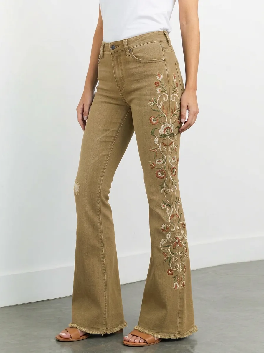 Women's Boho Floral Embroidery High-Rise Embroidered Flare Jeans