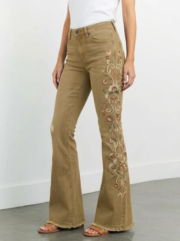 Women's Boho Floral Embroidery High-Rise Embroidered Flare Jeans