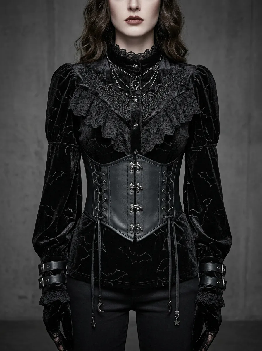 Women's Gothic Bat Pattern Lace Trimmed Velvet Top
