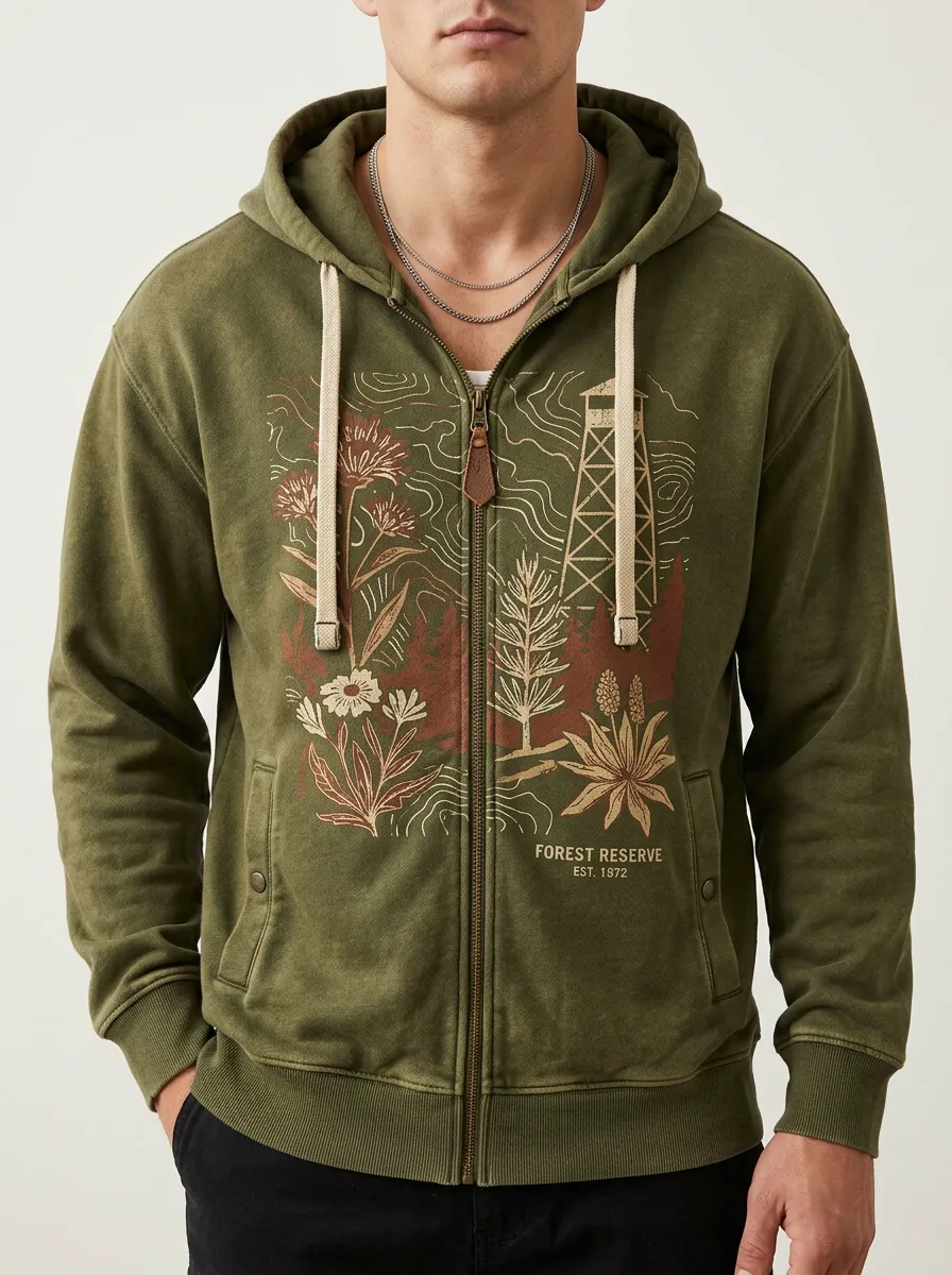 Men's Forest Reserve Nature Lover Wildflower Printed Zip Hoodie