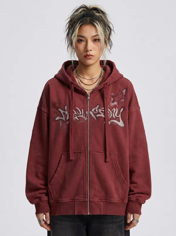 Unisex Streetwear Graffiti Star Butterfly Printed Zip-up Hoodie