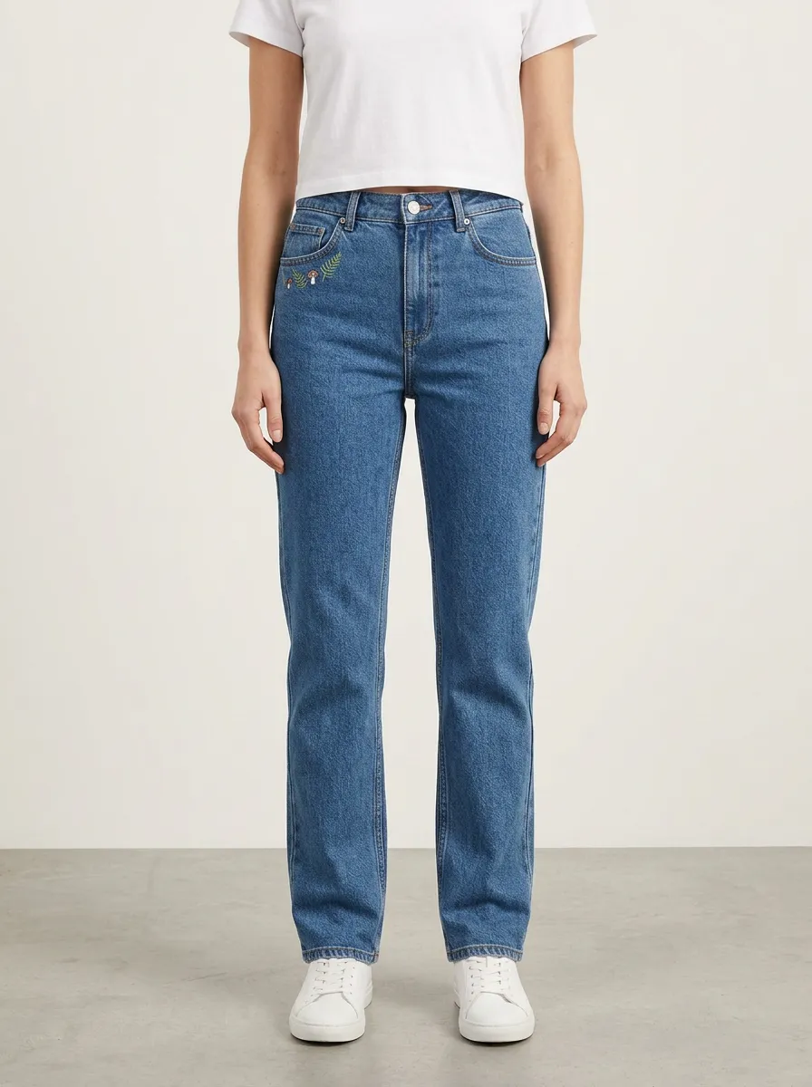 Women's Mushroom Fern Embroidered Front-Pocket High-Rise Straight-Leg Jeans
