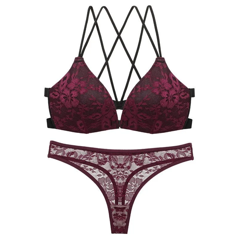 Backless Lace Front-Buckle Triangle Bra Set