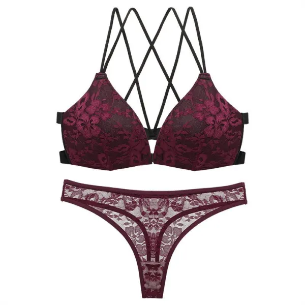Backless Lace Front-Buckle Triangle Bra Set