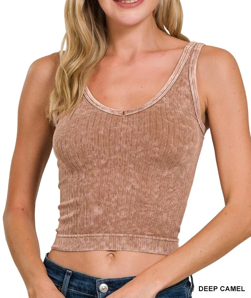 Washed Ribbed Seamless Cropped V Neck Tank