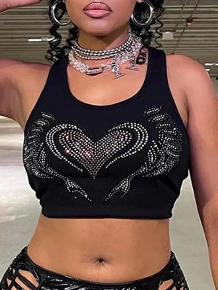 U-Neck Rhinestone Cropped Slim-Fit Tank Top