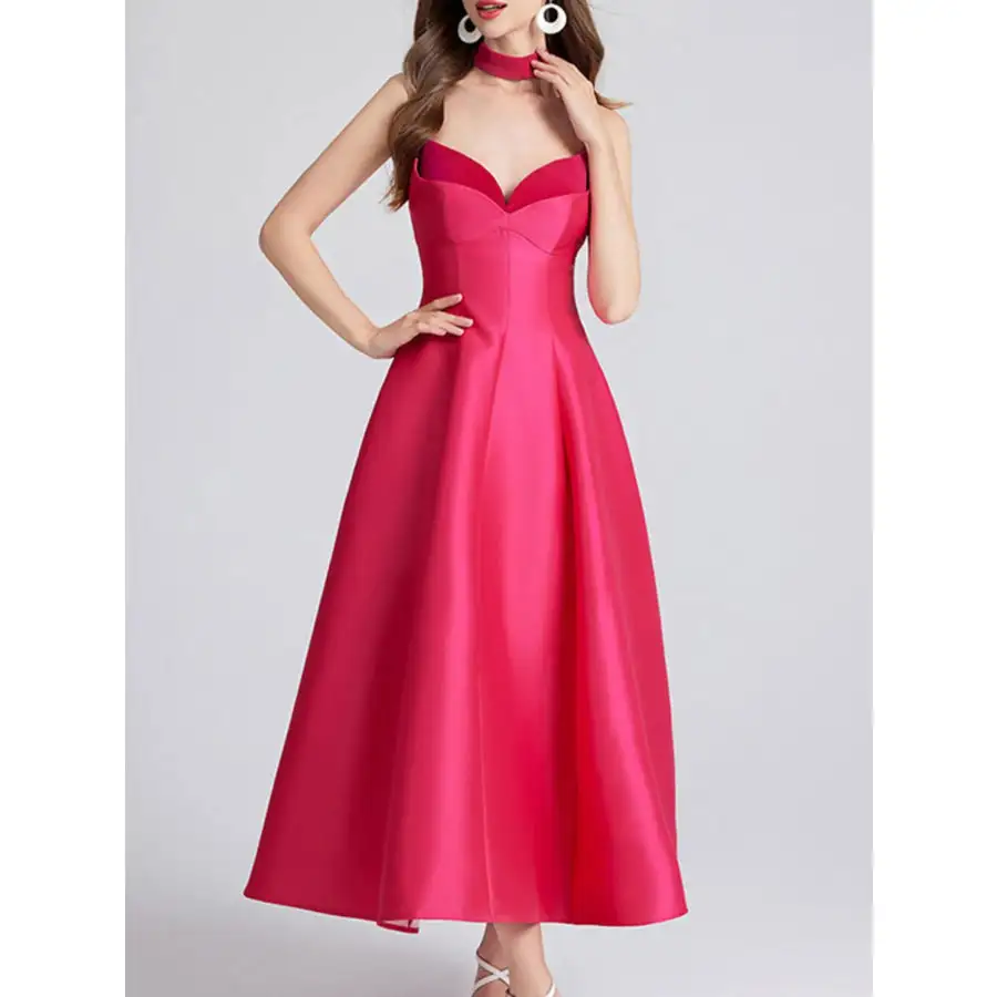 Sweetheart Spaghetti Strap Midi Dress with Collar