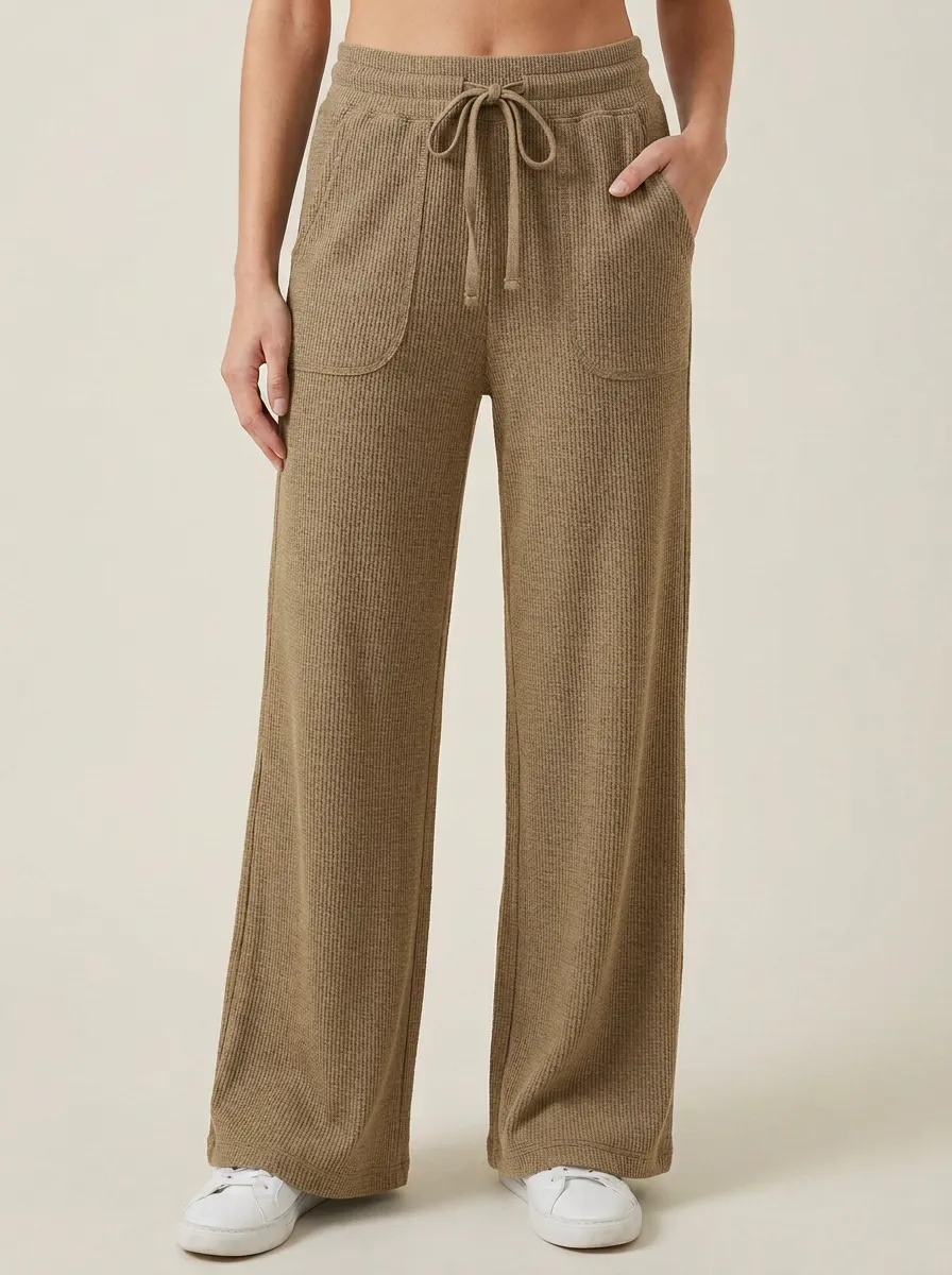 Women's Waffle Knit Drawstring Wide Leg Lounge Pants