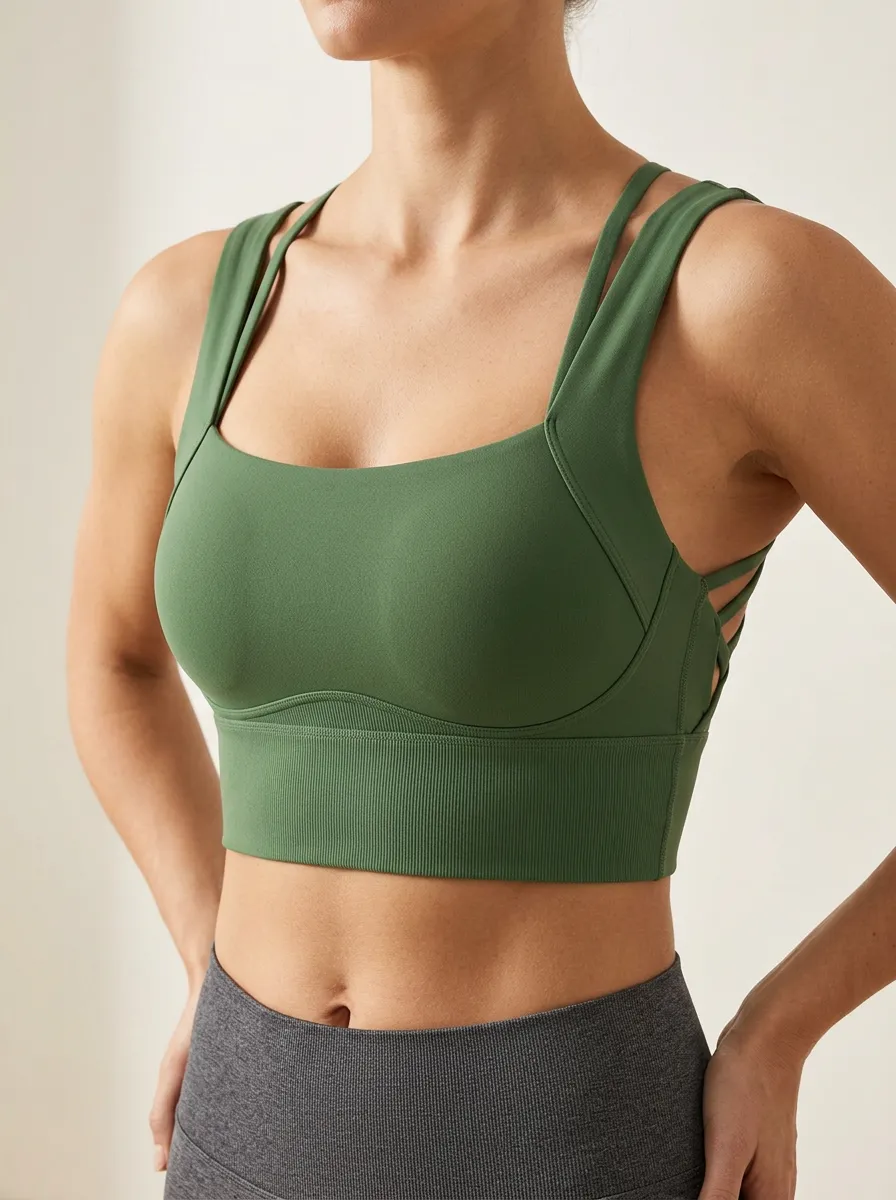 Women's Square Neck Strappy Back Ribbed Active Sports Bra
