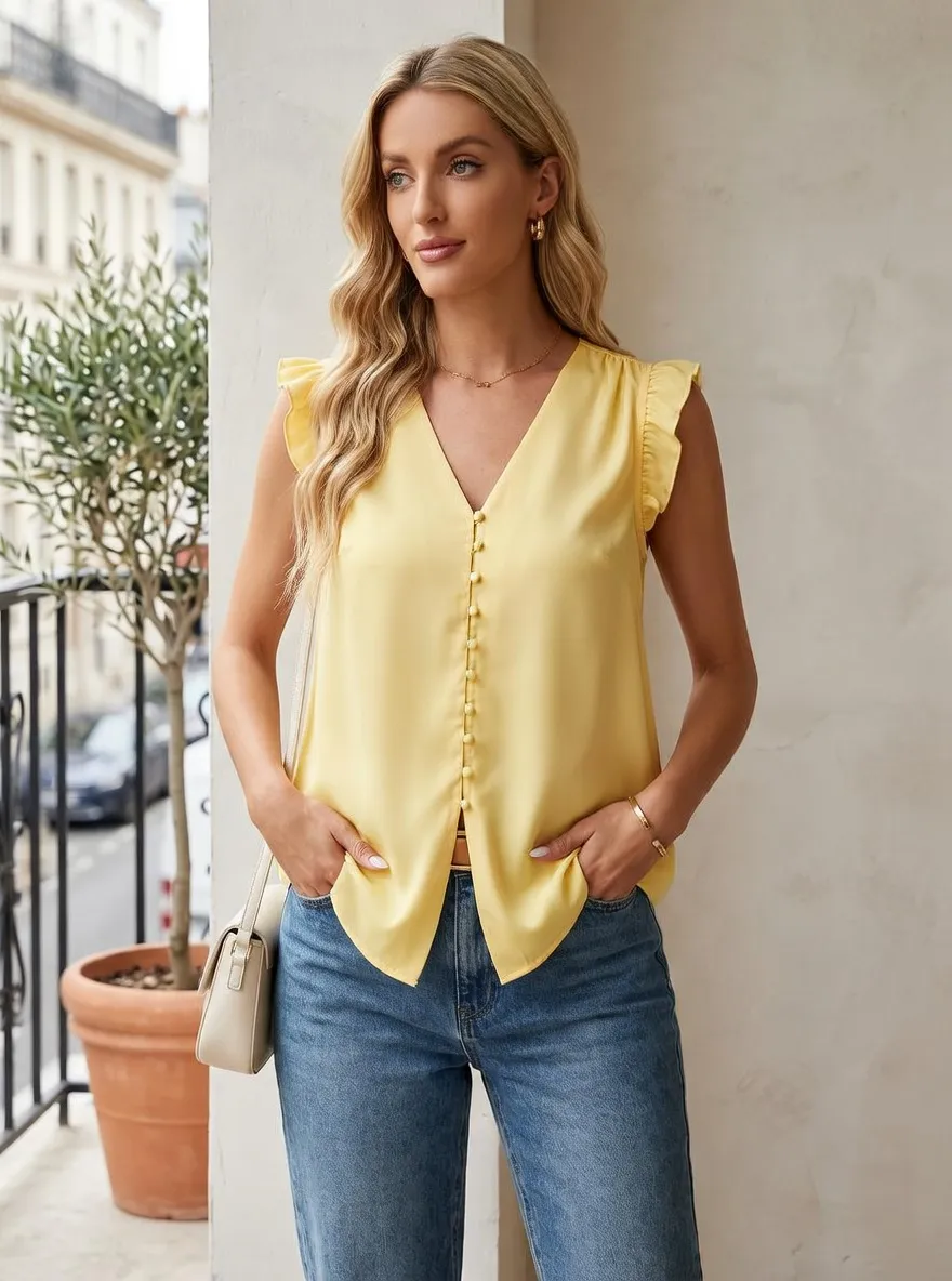 V-Neck Ruffle Sleeve Button Down Blouse