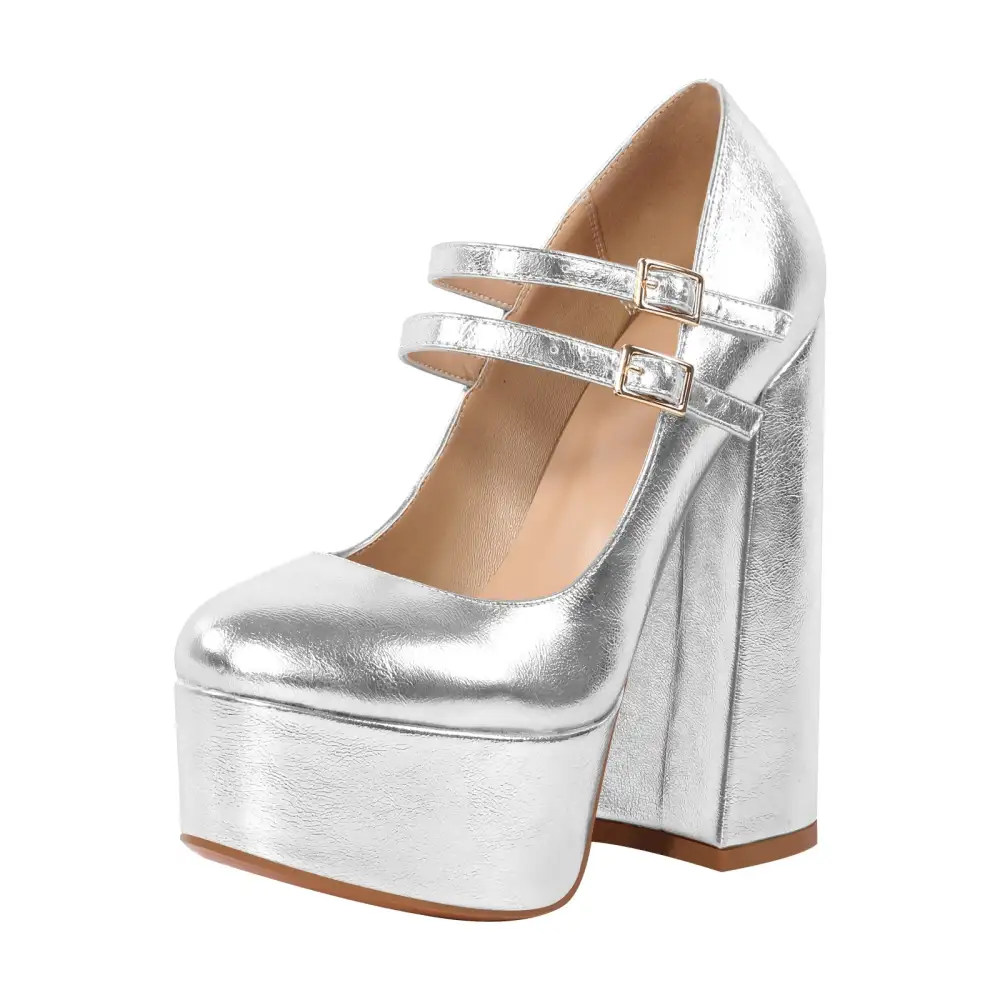 Round Toe Platform Chunky Heel Buckle Strap Pumps