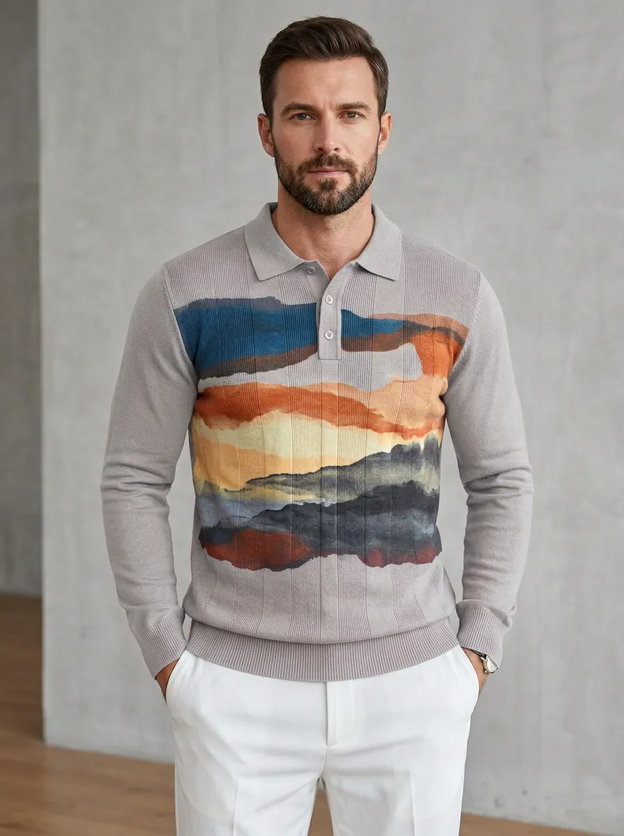 Men's Abstract Landscape Sunset Printed Long Sleeve Polo Shirt
