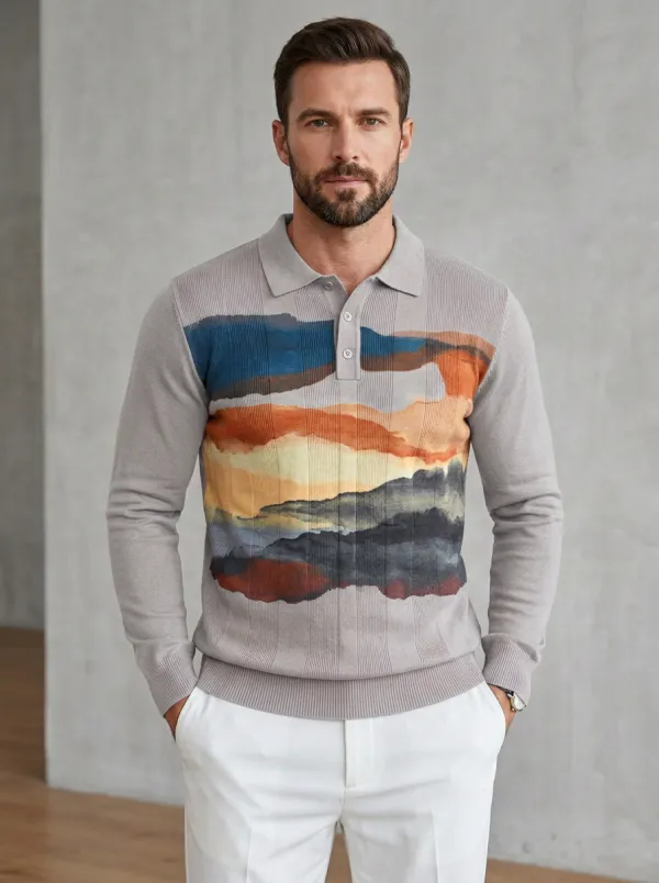 Men's Abstract Landscape Sunset Printed Long Sleeve Polo Shirt