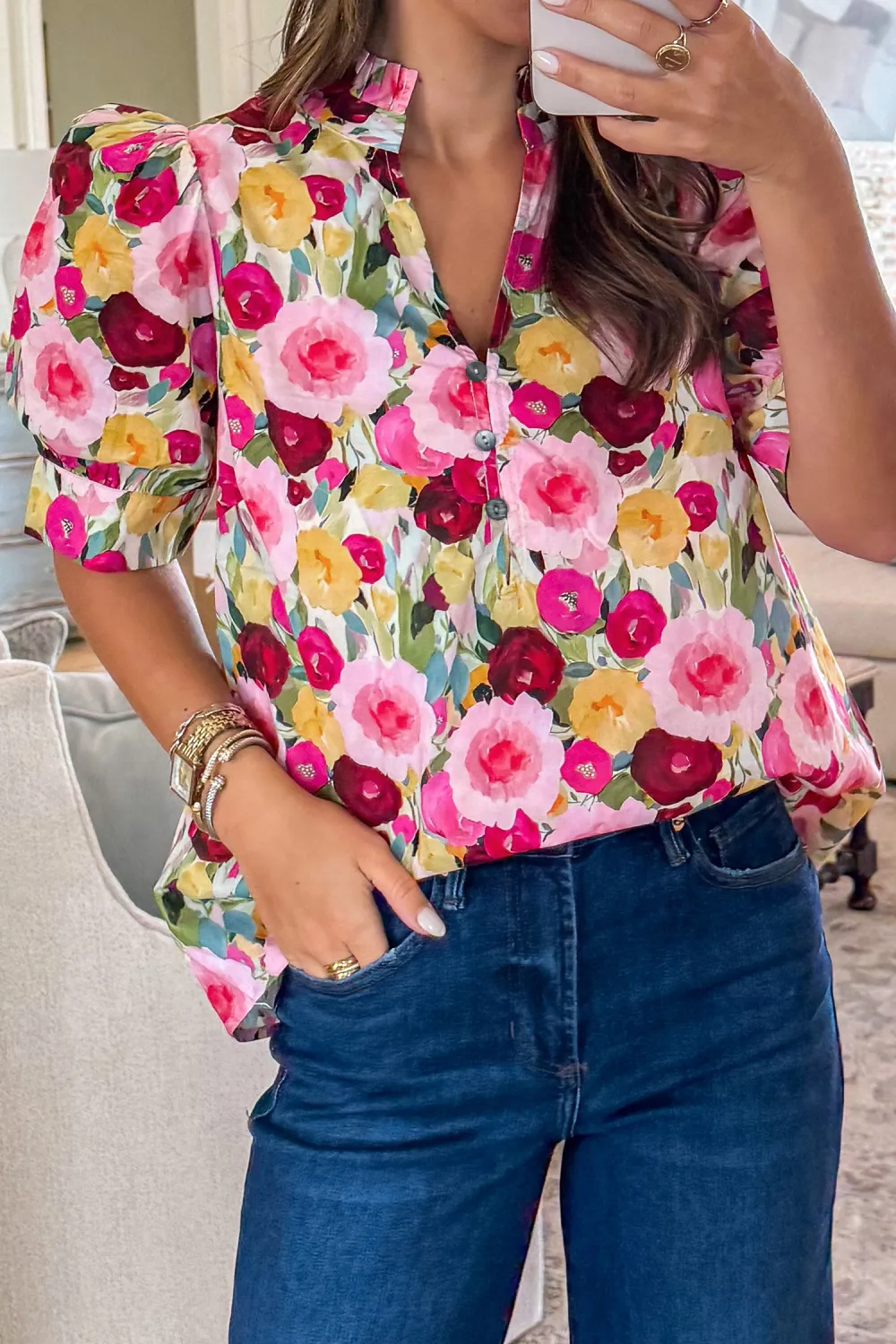 Pink Floral Frilled V Neck Blouse