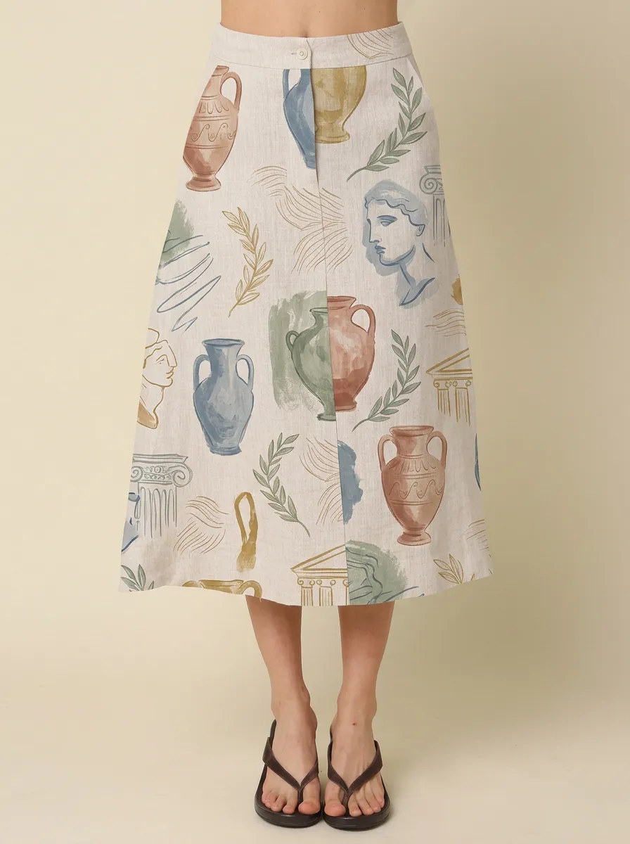 Women's Greek Art Lover Statue Vase Printed Midi Skirt