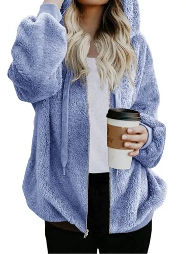 Womens Full Zip Up Sherpa Hoodie Fuzzy Fleece Jacket Oversized Fluffy Coat with Pockets
