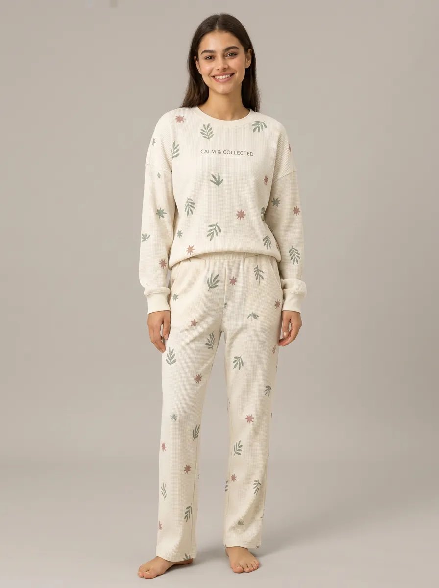Women's Calm & Collected Leaf Star Printed Waffle Lounge Set